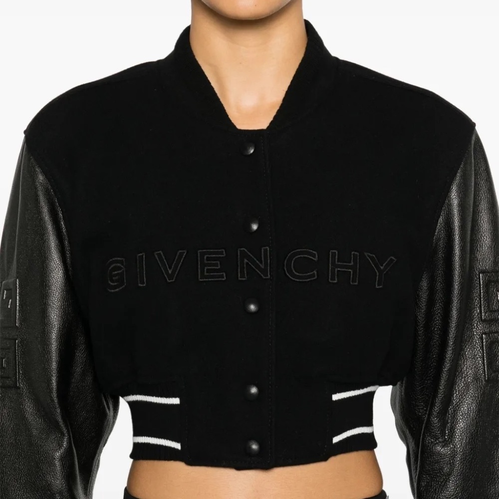Givenchy Cropped Black Varsity Jacket with Leather Sleeves